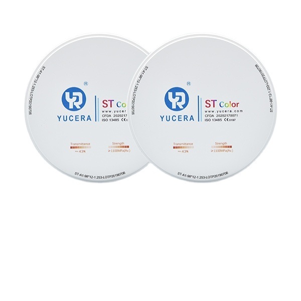 Yucera ST-Color 고투명 지르코니아 블록 - 98mm 치과용 디스크 (1100MPa 굽힘 강도, 43% 투과율)