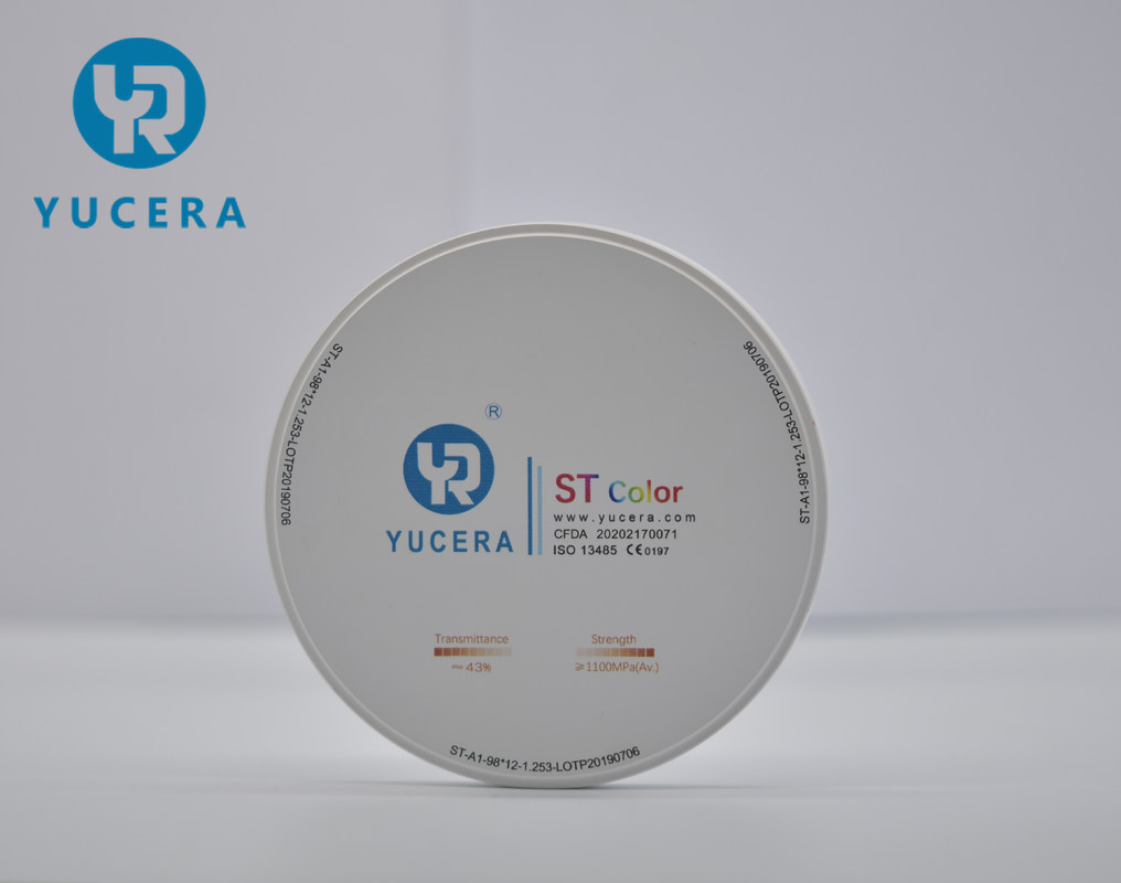 Yucera ST-Color 고투명 지르코니아 블록 - 98mm 치과용 디스크 (1100MPa 굽힘 강도, 43% 투과율)