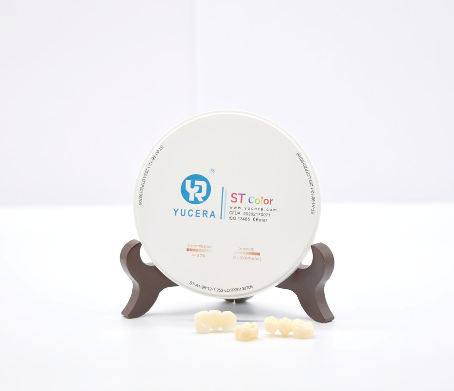 Yucera ST-Color 고투명 지르코니아 블록 - 98mm 치과용 디스크 (1100MPa 굽힘 강도, 43% 투과율)