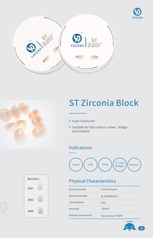 Yucera CE 인증 치과 재료 ST 화이트 지르코니아 세라믹 블록 Zirconio 치과용 지르코니아 블록