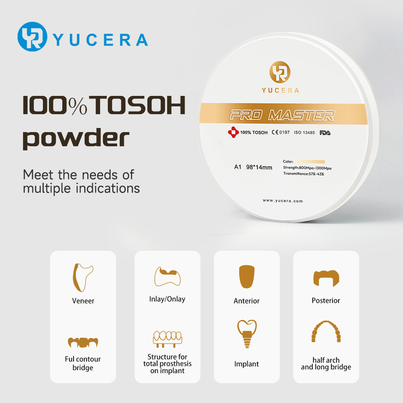 Yucera Pro Master A1/A2/A3 색상 지르코니아 블록 - 심미 치과를 위한 뛰어난 색상 매칭