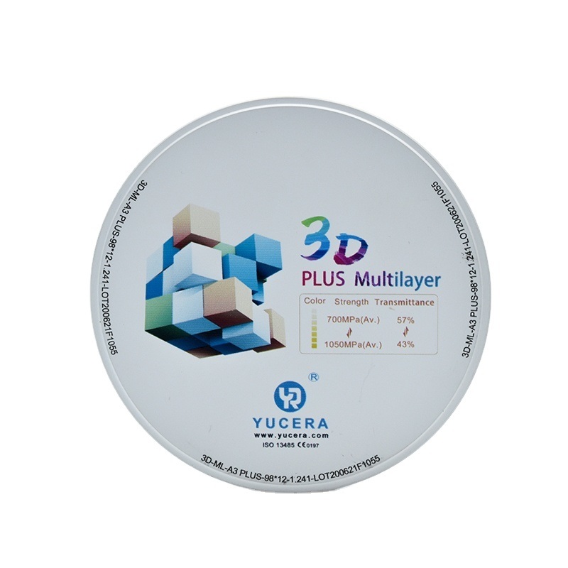 치과용 지르코니아 디스크 98mm YUCERA 3D 멀티레이어 | 1050MPa/43-57% 투과율 | ISO 13356 인증